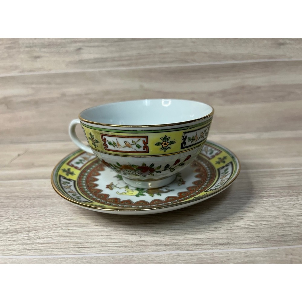 Vintage Jingdezhen Lotus Flower Porcelain Butterfly And Birds Tea Cup & Saucer